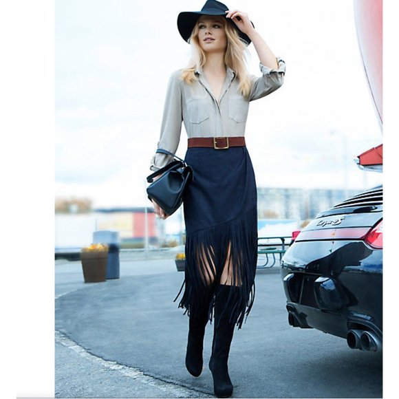 le chateau Dresses & Skirts - Le Chateau Faux Suede Fringe Pencil Skirt Size M Color Black